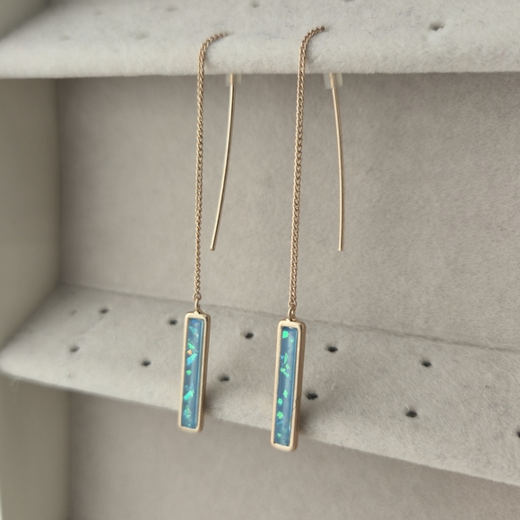 Jewelry - Gold Threader Earrings with Blue Opal-Style Inlay | Minimal Dangles
